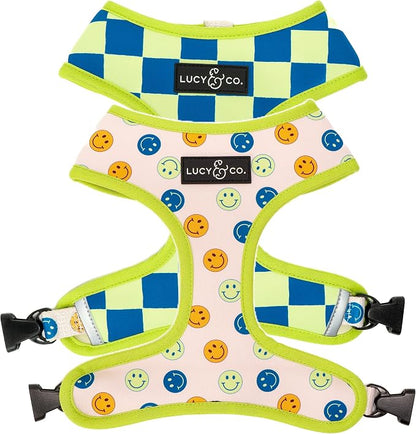 Lucy & Co. Reversible Dog Harness - Water-Repellent Neoprene, Dual-Print Design, Easy Swap Style, Adjustable Comfort Fit - Have a Nice Day Reversible Harness - X-Large