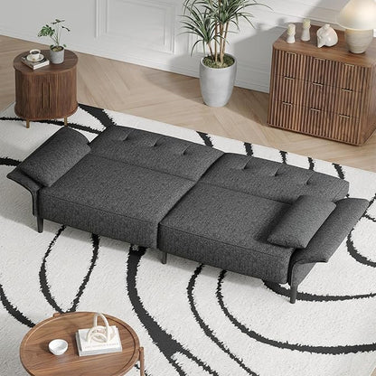 89” Futon Sofa Bed,Comfy Futon Couch Bed with 2 Square Pillows,Convertible Sleeper Sofa with Adjustable Backrest& Armrests, Modern Loveseat Sleeper for Living Room, Bedroom, Linen Dark Gray