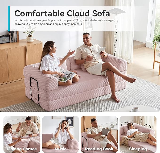 Compression Sofa, Cloud Sectional Sofa,Sofa Bed, Boneless Modular Sectional Sofa with 2 Pillow, Comfy Fluffy Couch with Futon Bed, Perfect for Living Room, Small Space (Pink)