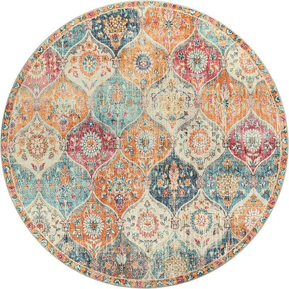 Lahome Moroccan Trellis Washable Round Area Rug, Soft Round Rugs 6ft Ultra-Thin Non-Slip, Vintage Large Circle Carpet for Bedroom Living Room Kitchen Nursery, Cream/Multi