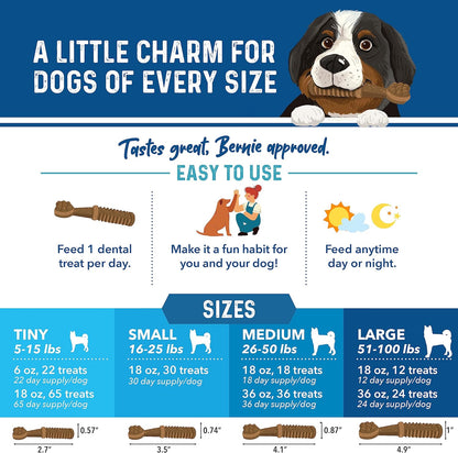 Bernie's Charming Chompers - Daily Dental Chews for Dogs 5-15 Lbs. - 65 Count - Cleans Teeth, Freshens Breath, + Boosts Oral-Gut Microbiome. Easy to Digest, Supports Healthy Digestion Naturally