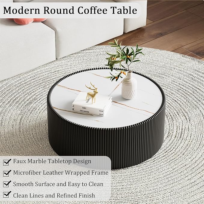 Round Coffee Table Set with Sintered Stone Tabletop, 29.52" Black Drum Center Table and 17.71" White Coffee Table Set, 2 Pieces Living Room Table Set with Fluted PU Leather Cover& Stable Base