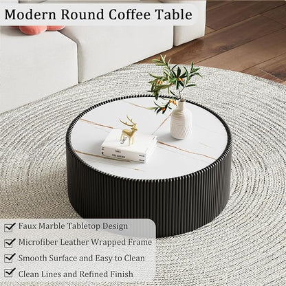 Round Coffee Table Set with Sintered Stone Tabletop, 29.52" Black Drum Center Table and 17.71" White Coffee Table Set, 2 Pieces Living Room Table Set with Fluted PU Leather Cover& Stable Base