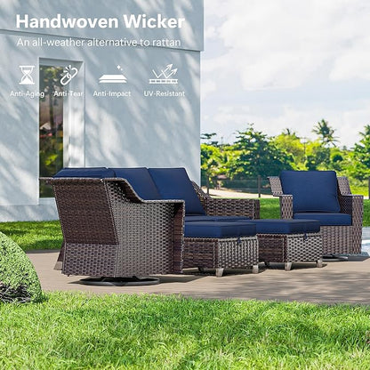 9 Pieces Wicker Patio Furniture, Luxury Outdoor Furniture with 2 Patio Swivel Chair, 2 Chair, 3-Seater Sofa, 2 Ottoman, 1 Coffee Table and 1 Side Table, Wide Armrest, Thickened Cushions