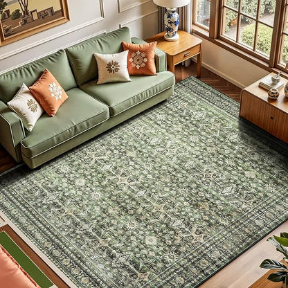 Lofus 5x7 Area Rug for Living Room,Green Washable Area Rugs with Non-Slip Backing,Soft Boho Carpets for Bedroom Dining Room Home Office Indoor Nursery