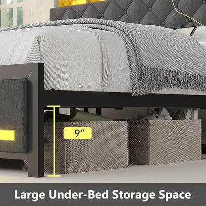 King Bed Frame with Upholstered Headboard, Bed Frame King Size with Hidden Storage,3-Tier Storage Shelves, LED Lights and Charging Station, King Bed with Noise-Free, No Box Spring Needed, Gray
