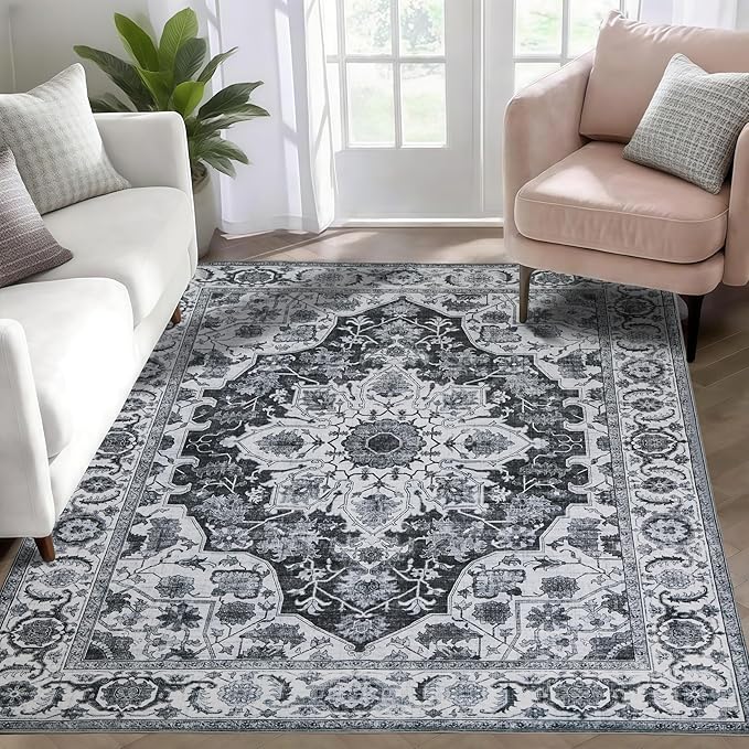 WILLSUN Washable Area Rugs, 4x6 Non-Slip Boho Large Area Rugs for Living Room, Bedroom, Machine Washable Vintage Rug, Indoor Floral Print Carpet for Home Decor, Kid & Pet Friendly Mat