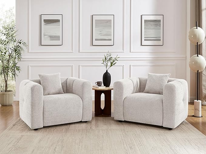 VANOMi 42" Width Accent Chair for Living Room, Modern Lounge Chair with Pillow, Comfy Upholstered Boucle Single Sofa Chair for Living Room (Light Khaki)