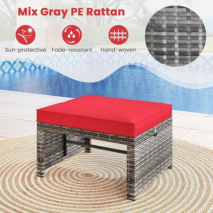 Tangkula 6 Pieces Patio Furniture Set, Outdoor Rattan Conversation Chairs Set with 1 Loveseat, 1 Coffee Table, 2 Armchairs and 2 Ottomans for Garden, Deck, Backyard and Poolside (Red)