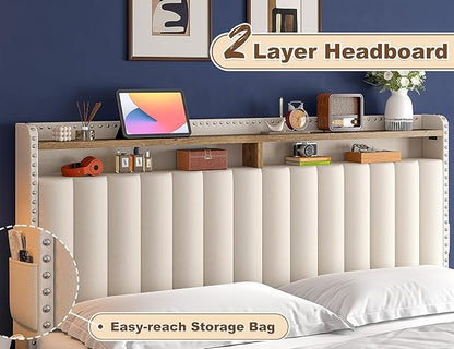 EnHomee Full Size Bed Frame, Upholstered Full Bed Frame with 3 Storage Drawers & 2-Tier Headboard Shelves, 900LBS Heavy Duty, No Box Spring Needed, Easy Assembly, Beige