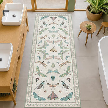 Boho Bathroom Runners - 2x6 Blue and Green Rug for Kitchen, Entry Way, Non Slip Washable Butterfly Insect Print Home Decor