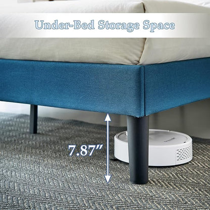 VECELO Full Size Bed Frame with Adjustable Headboard, Upholstered Button Tufted Platform Bedframe with Wood Slats Support, No Box Spring Needed, Aegean Blue