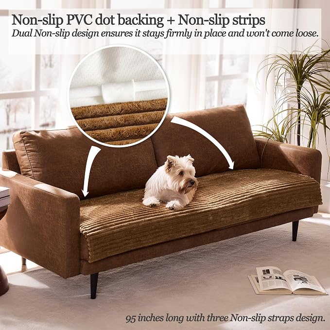 Dual Non-Slip Couch Cover for Dogs Waterproof, Fuzzy Soft Pet Couch Covers for Sofa 3 Cushion, Pet Friendly Soft Dog Bed Covers Sofa Cover Washable (Coconut, 33" x 85" 1 Pack)