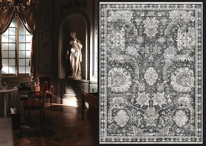 RUGSURE Washable Area Rugs - Perfect for Living Room, Bedroom, Kids Room, Nursery - Stain & Water Resistant Non-Slip, Pet & Child Friendly, Vintage Tribal Area Rugs (Grey, 8' x 10')