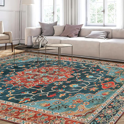 WILLSUN Washable Area Rugs, 8x10 Non-Slip Boho Large Area Rugs for Living Room, Bedroom, Machine Washable Vintage Rug, Indoor Floral Print Carpet for Home Decor, Kid & Pet Friendly Mat