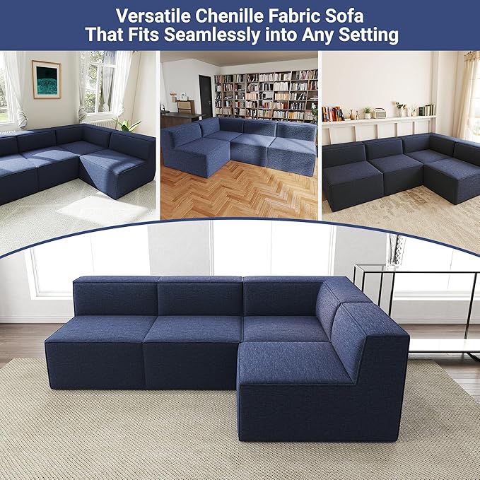 97" Sectional Compressed Sofa Modular Couches,High-Density Foam No Assembly Required,3-Piece(1xCorner 3xArmless) for Living Room, Chenille Blue