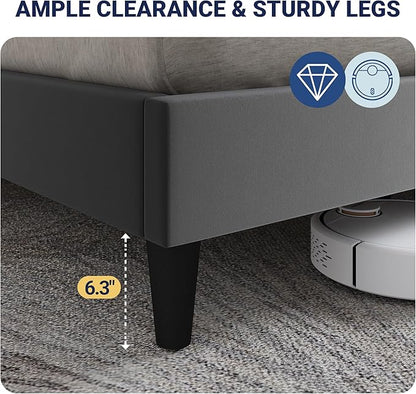 Allewie Velvet Queen Upholstered Bed Frame with Wingback Storage Headboard & Charging Station, Platform Bed with Diamond Tufted Design & Gold Trim, No Box Spring Needed, Easy Assembly, Grey