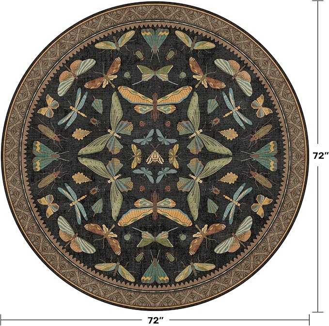 Washable Black 6ft Round Area Rugs for Bedroom Beside Bed - Dark Unique Insect Print Circle Rug for Living Room, Dining Room, Vintage Nature Insect Design, Low Pile & Soft