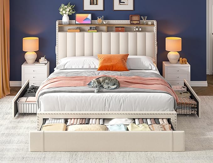 EnHomee Queen Size Bed Frame, Upholstered Queen Bed Frame with 3 Storage Drawers & 2-Tier Headboard Shelves, 1100LBS Heavy Duty, No Box Spring Needed, Easy Assembly, Beige