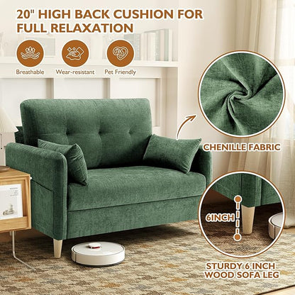 47" Small Sofa Couch for Bedroom, Soft Chenille loveseat Mini Couch with Throw Pillow and Removable Cushion Cover for Small Spaces, Living Room, Apartment, Dorm, Office(Green)