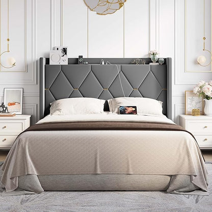 Allewie Velvet Queen Upholstered Bed Frame with Wingback Storage Headboard & Charging Station, Platform Bed with Diamond Tufted Design & Gold Trim, No Box Spring Needed, Easy Assembly, Grey