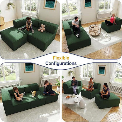 106" Sectional Compressed Sofa Modular Couches,High-Density Foam No Assembly Required,3-Piece(1xCorner 1xArmless 1xOttoman) for Living Room, Chenille Green