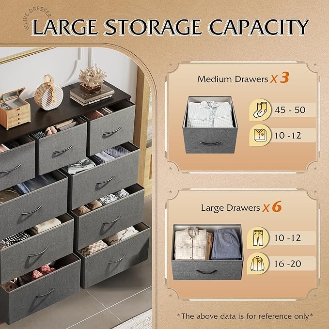 WLIVE 9-Drawer Dresser, Fabric Storage Tower