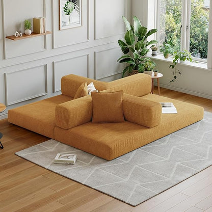 98.4''Convertible Sleeper Sofa Bed,Compressed Floor Boneless Couch,Modular Modern Corduroy Sofa for Living Room Bedroom -with Fixed-Shape Frame and Support Armrest,Easy Assembly(Yellow)