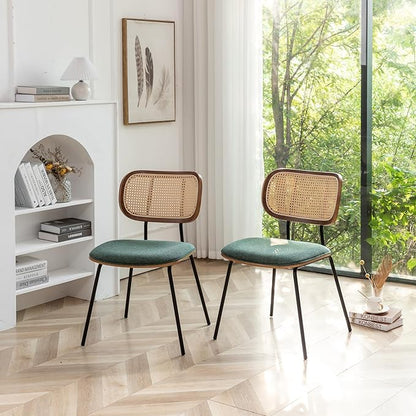 HOCEWI Rattan Dining Chairs Set of 4, Christmas Chair Mid Century Modern Dining Chairs with Cane Back for Kitchen Dining Room, 19 Inch Fabric Green