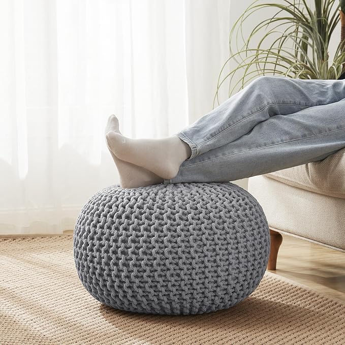 Pouf Ottoman Foot Rest Stuffed – 20” Diameter x 14” Tall Cozy Floor Pouf for Living Room, Bedroom, Nursery & More – 100% Cotton Knit Shell, EPS Bead Filled Footrest & Accent Chair, Gray