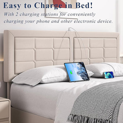 VECELO Full Size Bed Frame with 4 Drawers, Adjustable Tufted Button Headboard, Upholstered Platform with Wood Slats Support, Built-in USB and Type C Ports, Beige