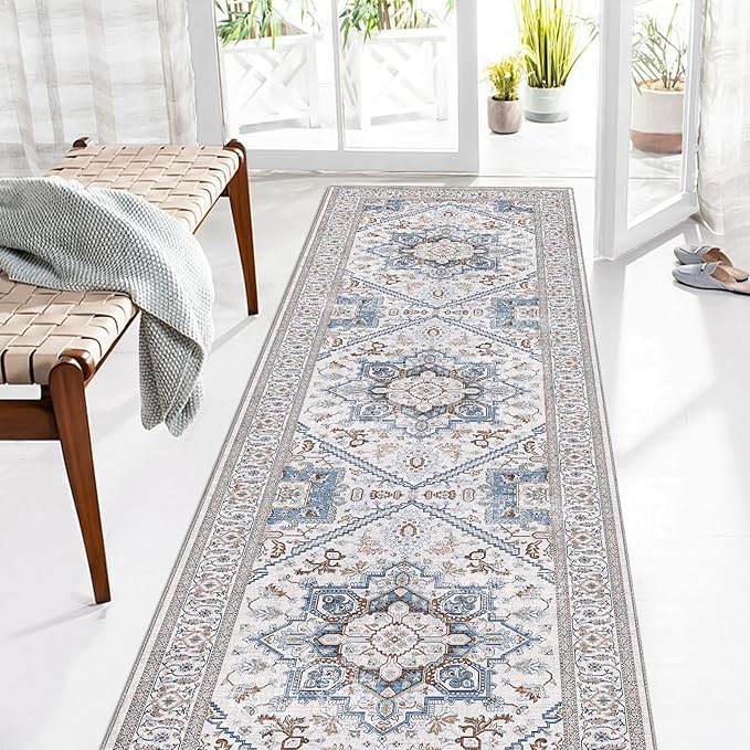 OPPODREAM Thin Entryway Rug 2x8, 2x8 Rug Runner, Neutral Washable Hallways Carpet 2 x 8 with Non Slip Backing, Low-Pile Bedside Carpet 2 x 8, Long, Faux Cashmere, Cream White & Blue & Light Brown