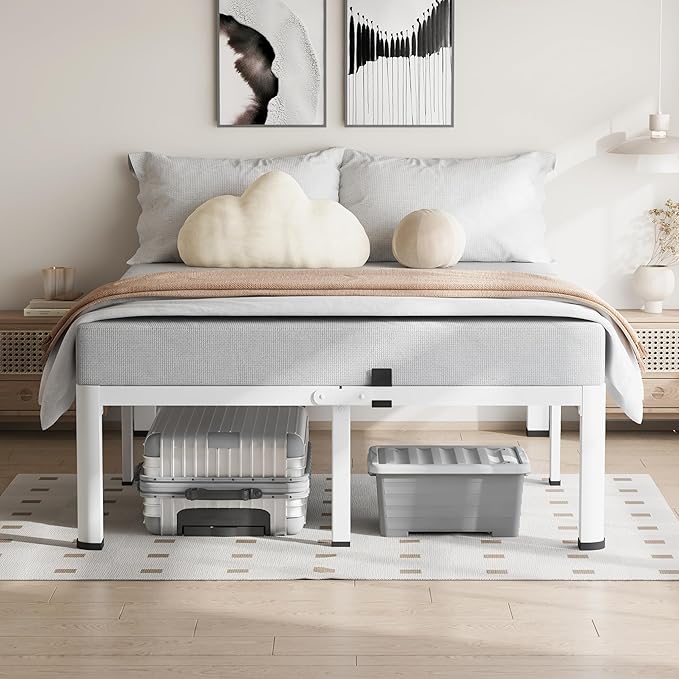 18 Inch King Size White Bed Frame, 3500Lbs Heavy Duty Metal Platform with Round Corner Legs Mattress Slide Stopper, Steel Slat Support No Box Spring Needed, Noise Free, Non-Slip, Easy Assembly