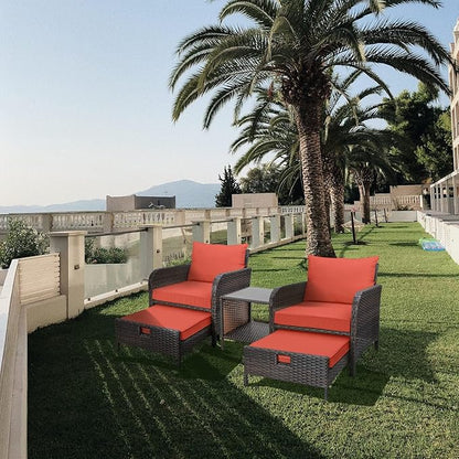 LEVELEVE Balcony Furniture 5 Piece Patio Conversation Set, PE Wicker Rattan Outdoor Lounge Chairs with Soft Cushions 2 Ottoman&Glass Table for Porch, Lawn-Brown Wicker