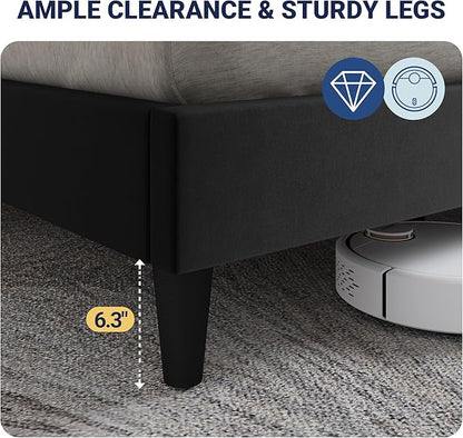 Allewie Velvet Full Size Upholstered Bed Frame with Wingback Storage Headboard & Charging Station, Platform Bed with Diamond Tufted Design & Gold Trim, No Box Spring Needed, Easy Assembly, Black