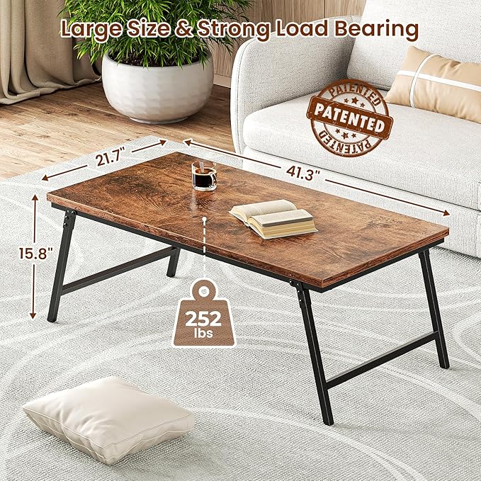 ALLSTAND Folding Coffee Table, Leg Latches Portable Sturdy Floor Table Desk for Sitting on The Floor, No Assembly Low Coffee Table for Living Room, Home, Office, Rustic Brown, 41.34L×21.65W×15.75H
