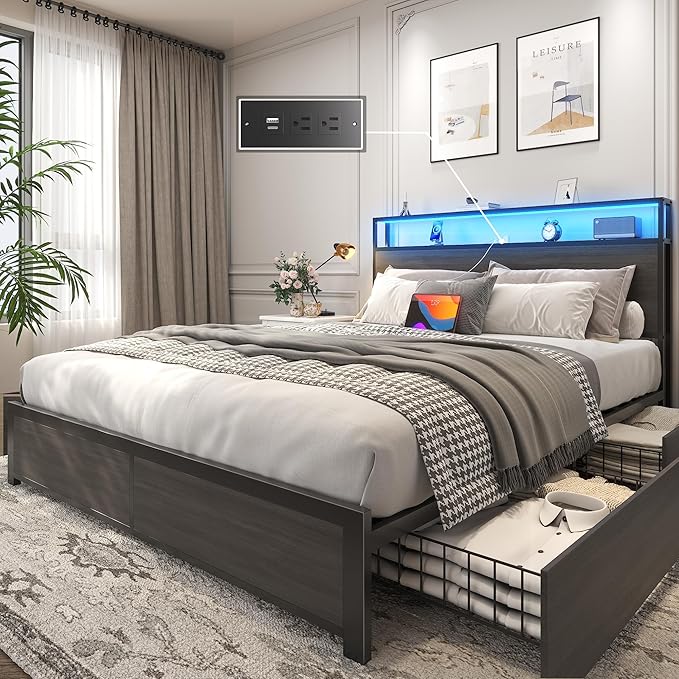 Lifezone Queen Bed Frame with 2-Tier Storage Headboard, Metal Platform Bed Frame with 4 Storage Drawers, Built in Charging Station & LED, Noise-Free/Metal Support/No Box Spring Needed, Rustic Grey