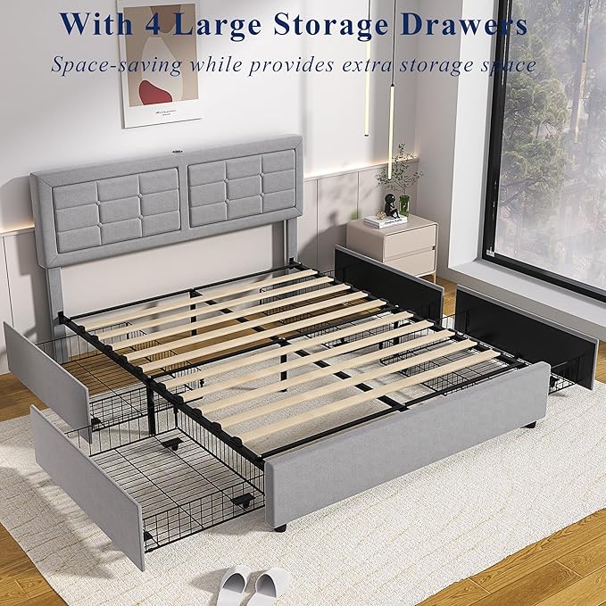 VECELO Queen Size Bed Frame with 4 Storage Drawers & Adjustable Headboard, Built-in Charging Station, Upholstered Bedframe with Wood Slats Support, Light Grey