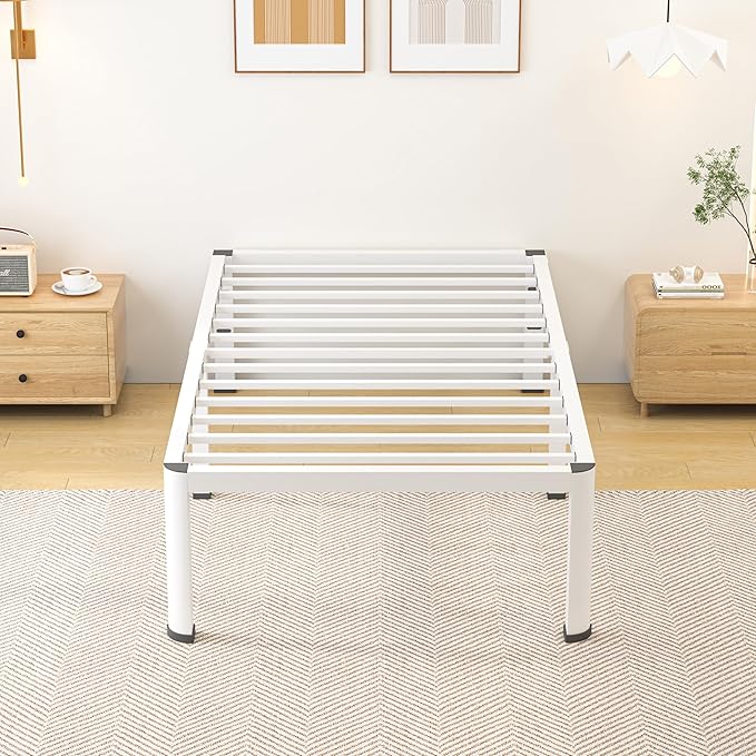 18 Inch Twin Size Metal Bed Frame with Round Corners, Storage Space Under High Bed Frame-Heavy Duty Steel Slats Support, Noise Free - Easy Assembly - No Box Spring Needed,White