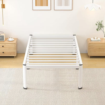 18 Inch Twin Size Metal Bed Frame with Round Corners, Storage Space Under High Bed Frame-Heavy Duty Steel Slats Support, Noise Free - Easy Assembly - No Box Spring Needed,White