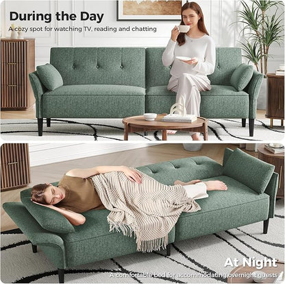 89” Futon Sofa Bed,Comfy Futon Couch Bed with 2 Square Pillows,Convertible Sleeper Sofa with Adjustable Backrest& Armrests, Modern Loveseat Sleeper for Living Room, Bedroom, Linen Green