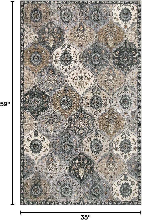 Lahome Moroccan Trellis Washable Area Rugs, 3x5 Rug for Bedroom Entryway Indoor Non-Slip, Small Oriental Accent Carpet for Living Room Kitchen Bathroom Office, Grey