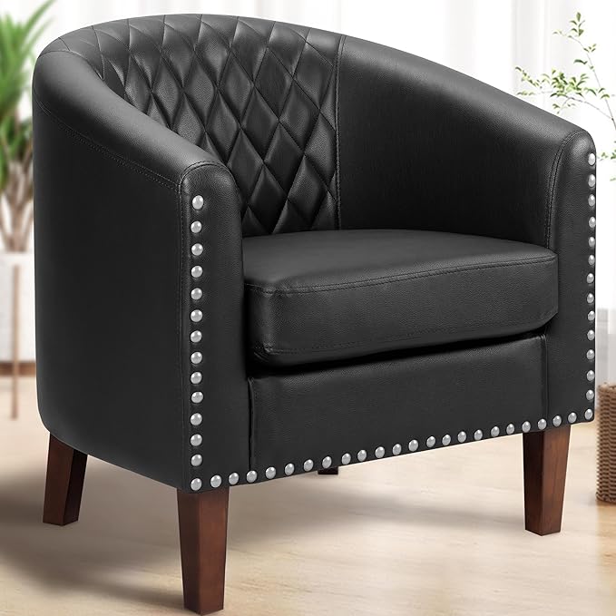 PrimeZone Barrel Chair, Comfy Accent Chair, Faux Leather Living Room Chairs Club Chair with Cushion, Nailhead Trim and Diamond Mesh Backrest, Reading Chair for Bedroom Waiting Room Office, Black