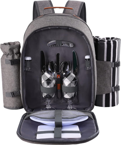 Apollo Walker Picnic Backpack Set for 2 Person with Cooler Compartment, Detachable Bottle/Wine Holder, Fleece Blanket, Plates and Cutlery Set