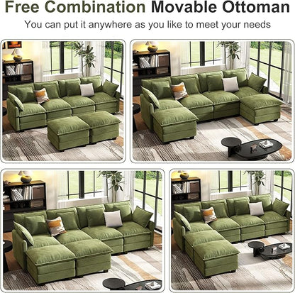 Cloud Couch Sectional, U Shaped Modular Sectional Sofa, 4-Seat Deep Seat Couch with 6 Removable Washable Pillows and 2 Ottoman for Living Room, Bedroom, Apartment