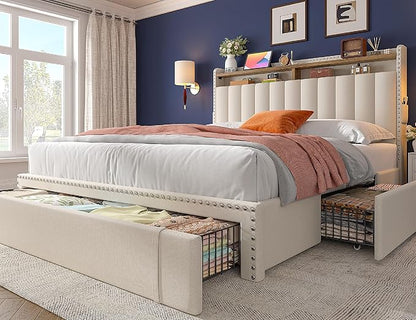 EnHomee Queen Size Bed Frame, Upholstered Queen Bed Frame with 3 Storage Drawers & 2-Tier Headboard Shelves, 1100LBS Heavy Duty, No Box Spring Needed, Easy Assembly, Beige