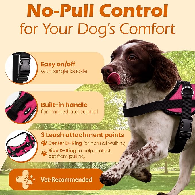 Bark Appeal Pink No-Pull Dog Harness for Medium to Large Sized Pets – Adjustable, Reflective Vest with 3 Leash Clips for Added Control, Easy Walks & Training – Large
