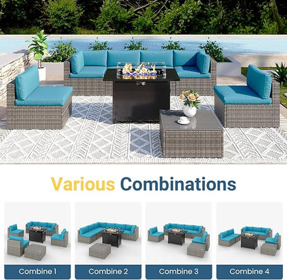 8 Pieces Outdoor Patio Furniture Set with 43" Fire Pit Table, Wicker Outdoor Patio Sectional Sofas with Coffee Table and Cushions, All-Weather Patio Conversation Set for Backyard Garden, Light Blue