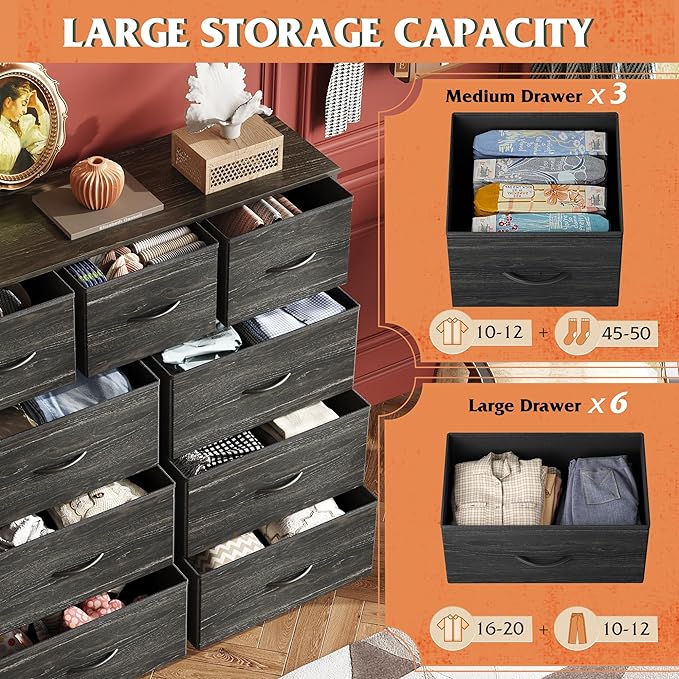 WLIVE 9-Drawer Dresser, Fabric Storage Tower