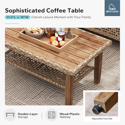 MFSTUDIO Wicker Patio Furniture Set, Rattan Outdoor Couch Sectional Sofa, 5 Pieces Patio Conversation Set with Acacia Wood Coffee Table, Outdoor Rattan Furniture Set for Garden or Balcony, Beige